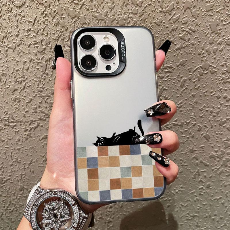 Striped Coffee Cat Laser Phone Case For iPhone 17 16 Pro Max 15 14 Pro Max Plus 13 Mini 12 11 Pro Max Shockproof Black Covers
