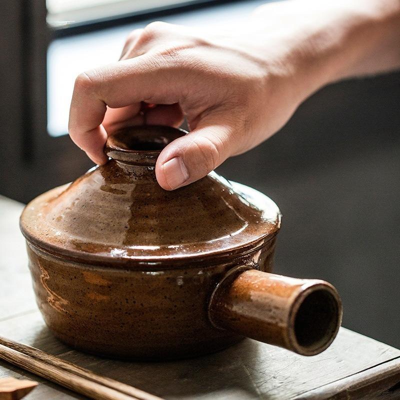 Retro Ceramic Lidded Bowl with Handle Wabi-Sabi Style Single Serve Casserole Home Kitchen Restaurant Rice Soup Serving Tableware