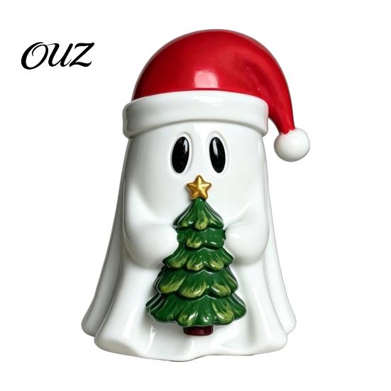 Artistic Desktop Atmosphere Decor Christmas Ghost Resin Figurine, Cute with Santa Hat Holding Gift Box Decorative Pieces for Parties & Tree,