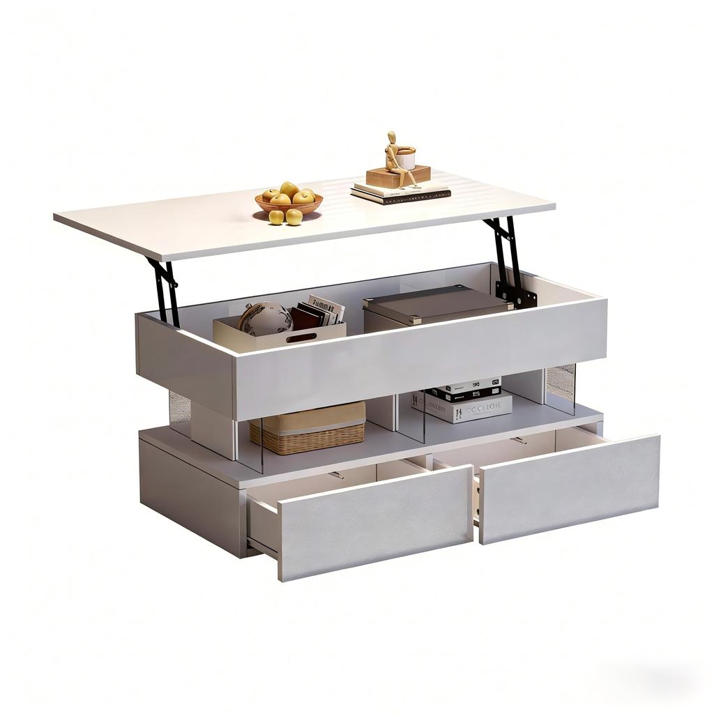 Tavolino Sollevabile 100 x 50 x 46 cm con Piano Regolabile in Altezza, Tavolino Laterale Bianco ad Alta Lucentezza con LED e 2 Cassetti, MDF + Acrilico