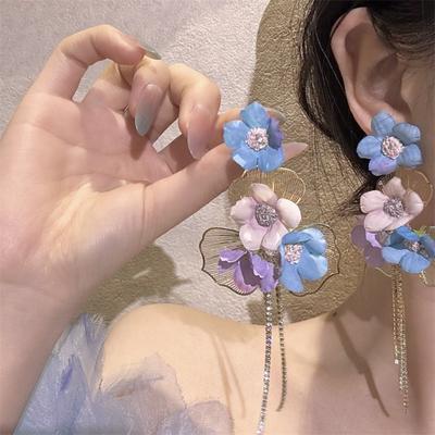 Glass Crystal Petals Tassel Earring Exaggerated Women's Jewelry Flower Dangle Earrings  Vacation