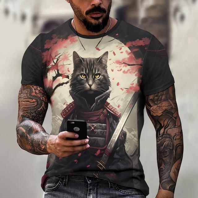 Animal T-Shirts For Men Summer Short Sleeve Tee Japanese Samurai Pattern Print Oversized Clothing Fashion Casual Streetwear
