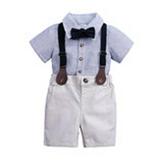 Boys' British Style Summer Suit: Short-Sleeve Cotton Shirt, Shorts & Bow Tie Two-Piece Set