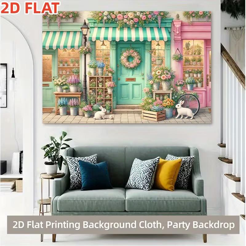 Green Pink Storefront Rabbit Flower House Kids Birthday Photography Background Cloth