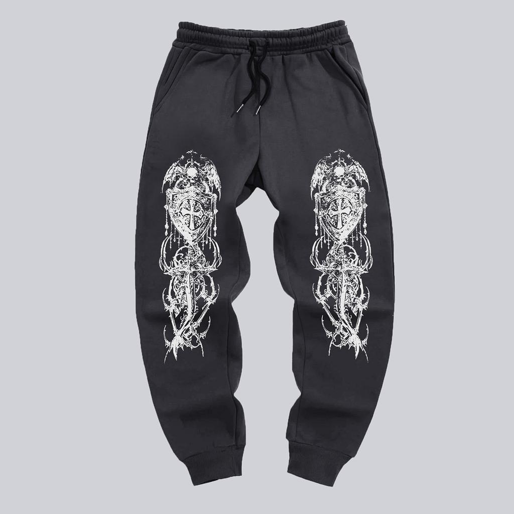 Men's Gothic Style Jogger Pants - Winter Warmth Casual Athletic Track Pants with Elastic Waist & Cuffed Hem, Geometric Gothic Patterns