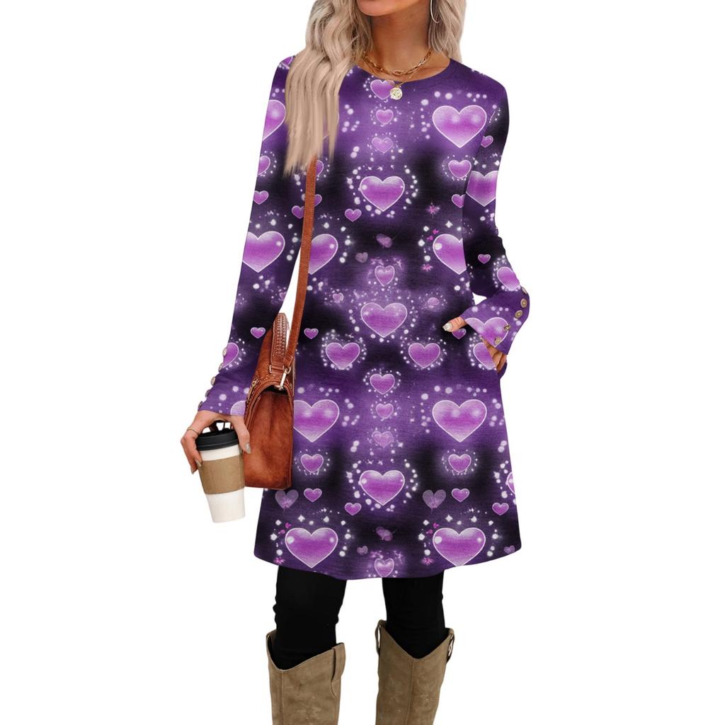 Women's Fashion Casual Pocket Decorative Button Dress Round Neck Long Sleeve Printed Dress