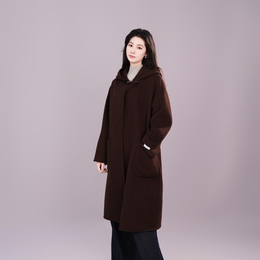 Light luxury celebrity fashion sense loose hooded double-sided nylon wool double-sided solid color 3016