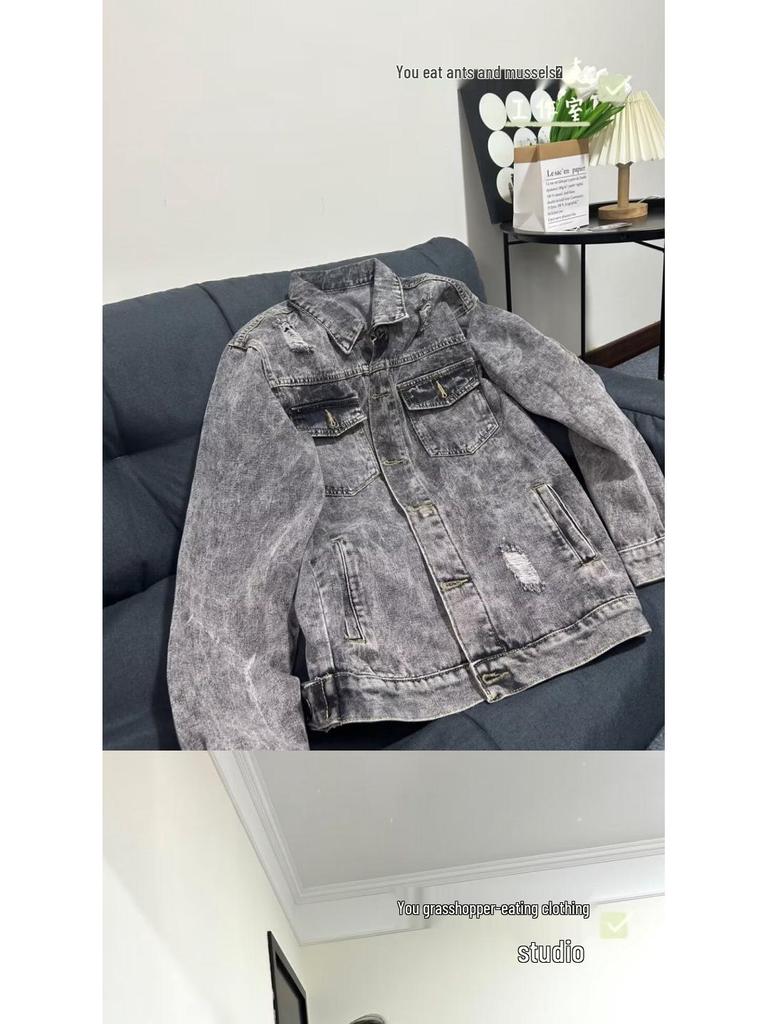 Men's Retro Washed Denim Jacket - 2025 Autumn/Winter Loose Distressed Lapel Workwear
