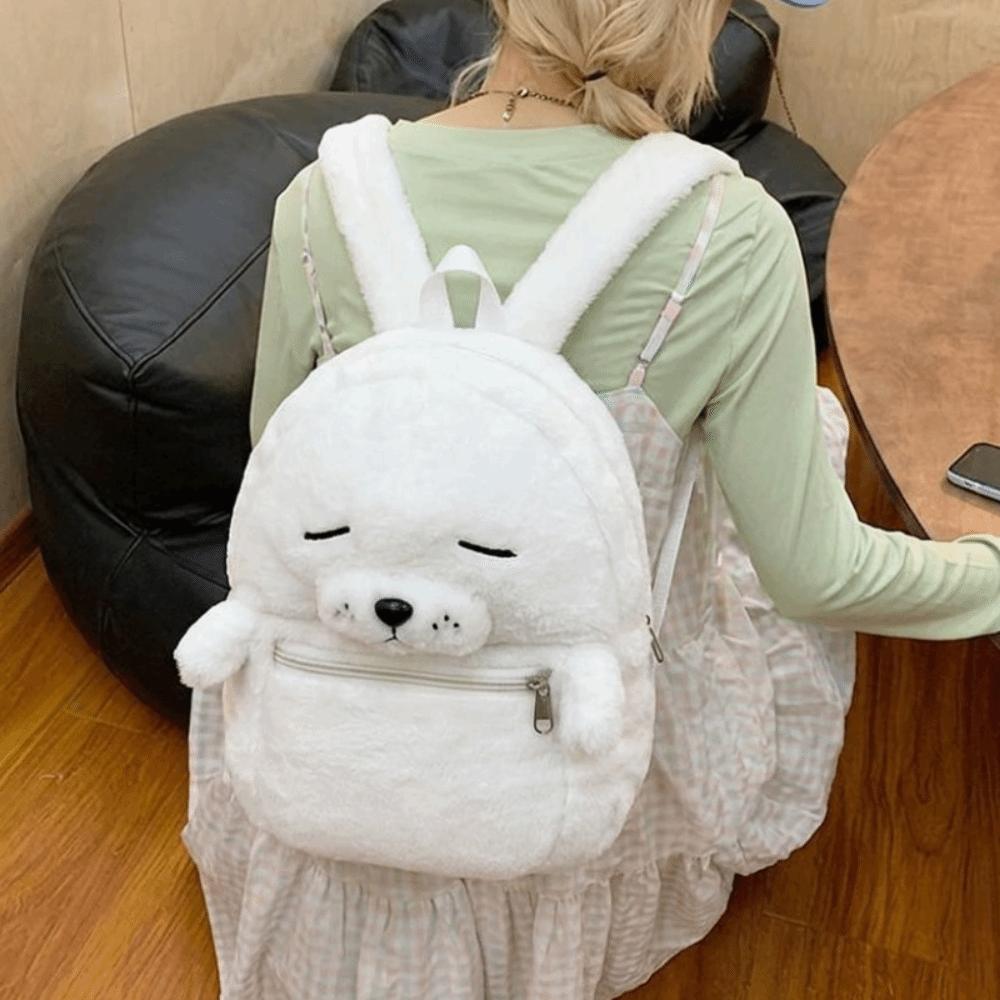 Cartoon Cute Seal Backpack Solid Color Simple Fluffy Seal Schoolbag Versatile Lightweight Shoulder Bag Women Girl Accessories