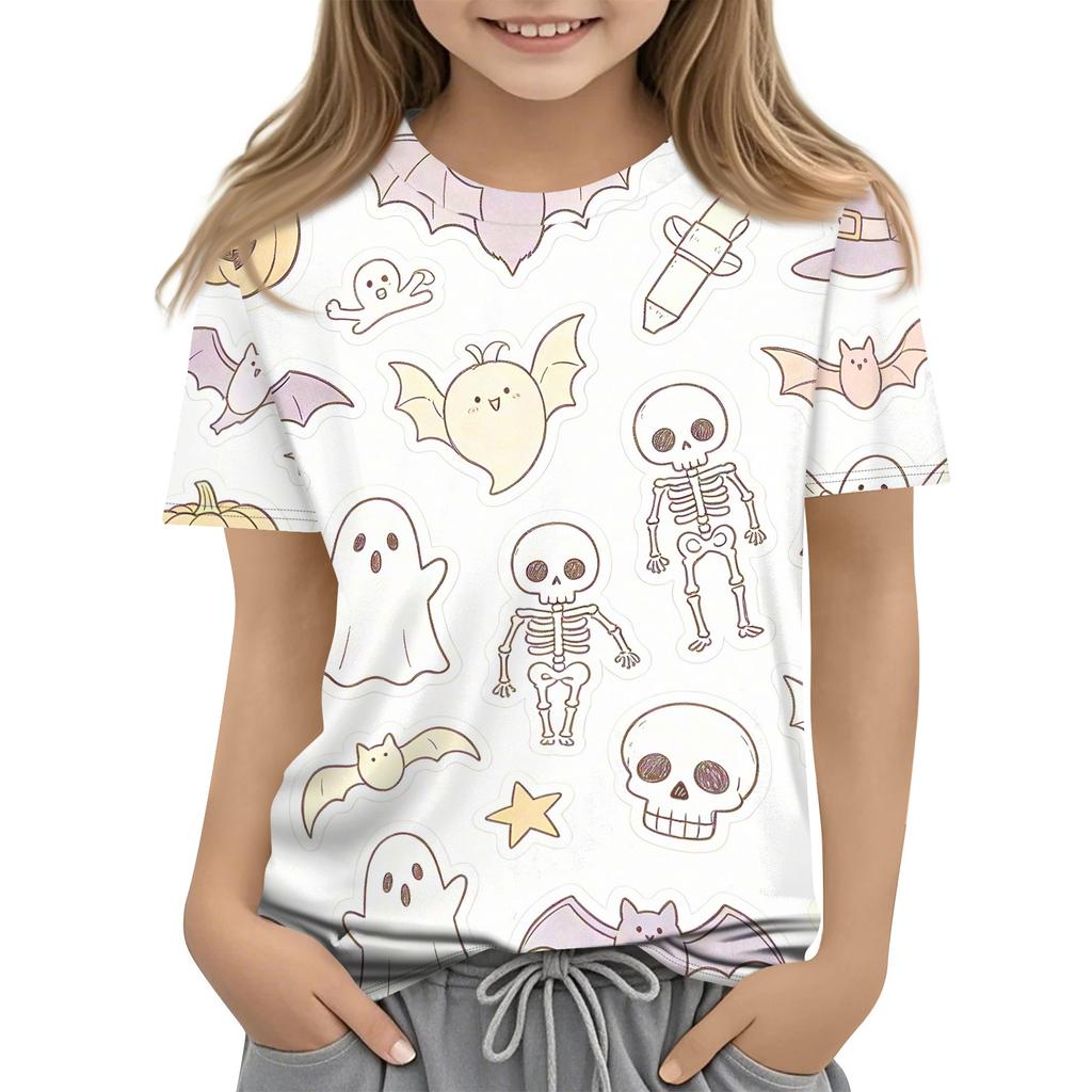 Kids Halloween Print Short Sleeve T Shirt Round Neck Casual Top Boys Girls Comfortable Fit Lightweight Fabric Soft Material