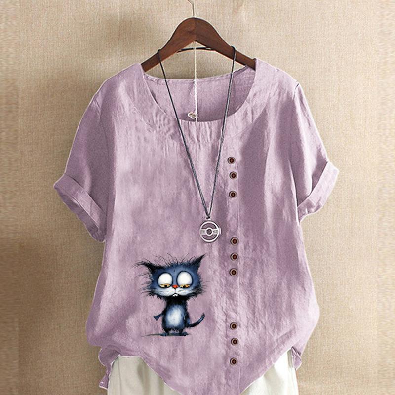 Women's Fashion Blue Cat Prined Short Sleeve T-shirt Loose Cotton Shirt Casual Loose Summer Blouse Tops Plus Size