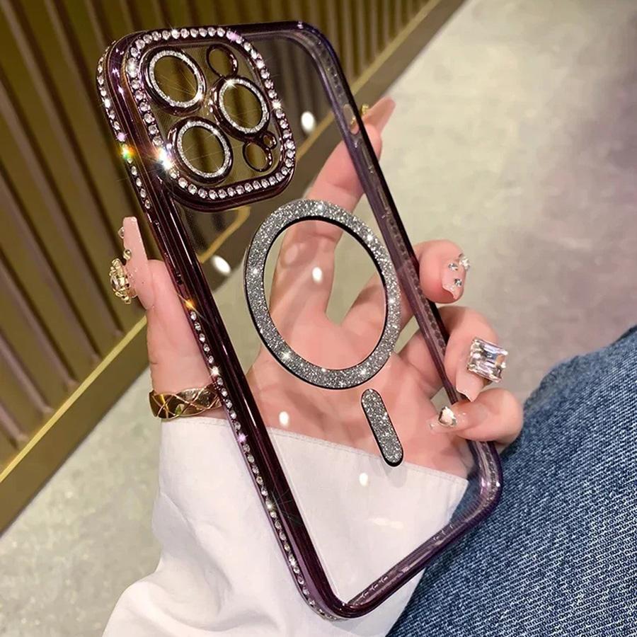 New Fashion Glitter Diamond Transparent Case For 17 16 15 14 13 11 12 Pro Max Funda Magnetic Wireless Charge Bumper Cover