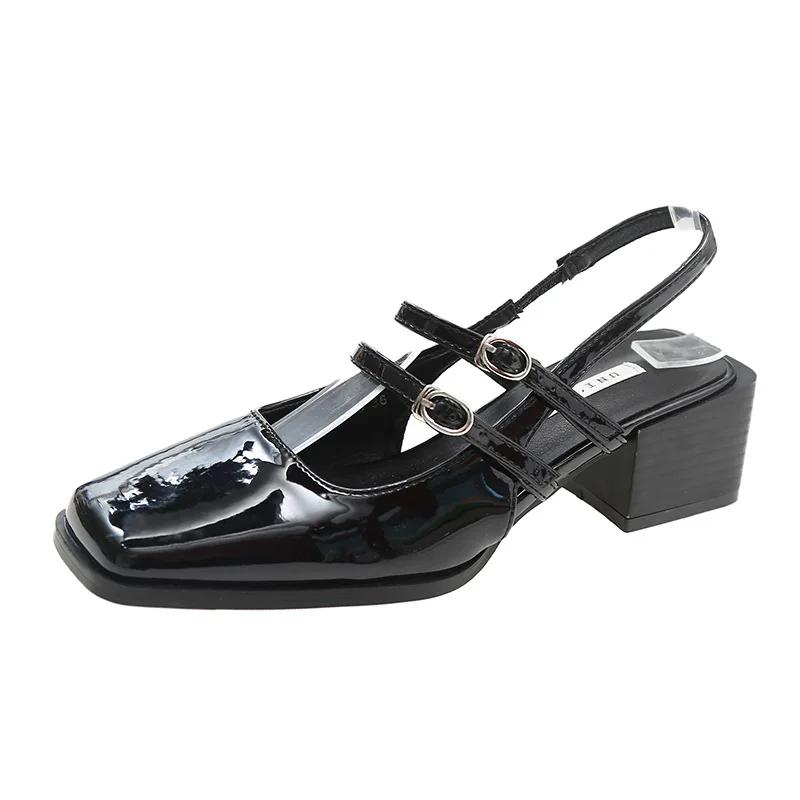 2024 Spring New Retro Small Leather Shoes Square Head Double Buckle Strap Mary Jane Thick Heels Sandals for Women