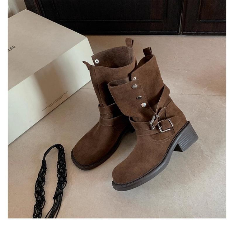 Grape Mother of the Same Style, Height Increase of 5.5cm~ Maillard Thick Heel Thick Bottom Buckle Strap Cow Velvet High Heel Short Boots Women's