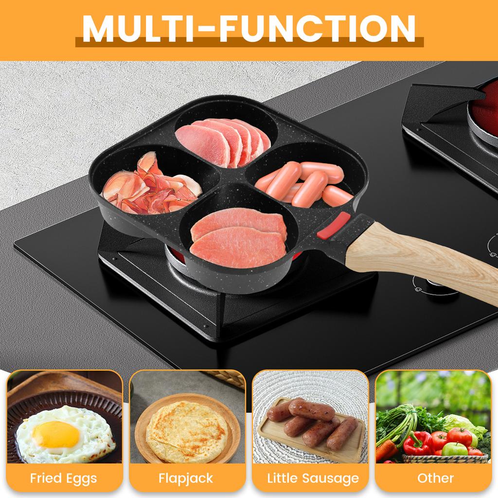4Cups Egg Frying Pan with Wood Handle Nonstick Omelette Pan Stone Egg Pan Multifunctional Omelette Skillet Healthy Pancake