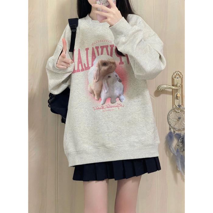 Американский ретро оверсайз милый свитер с кроликом женский толстый новый свободный ленивый стиль 3XL