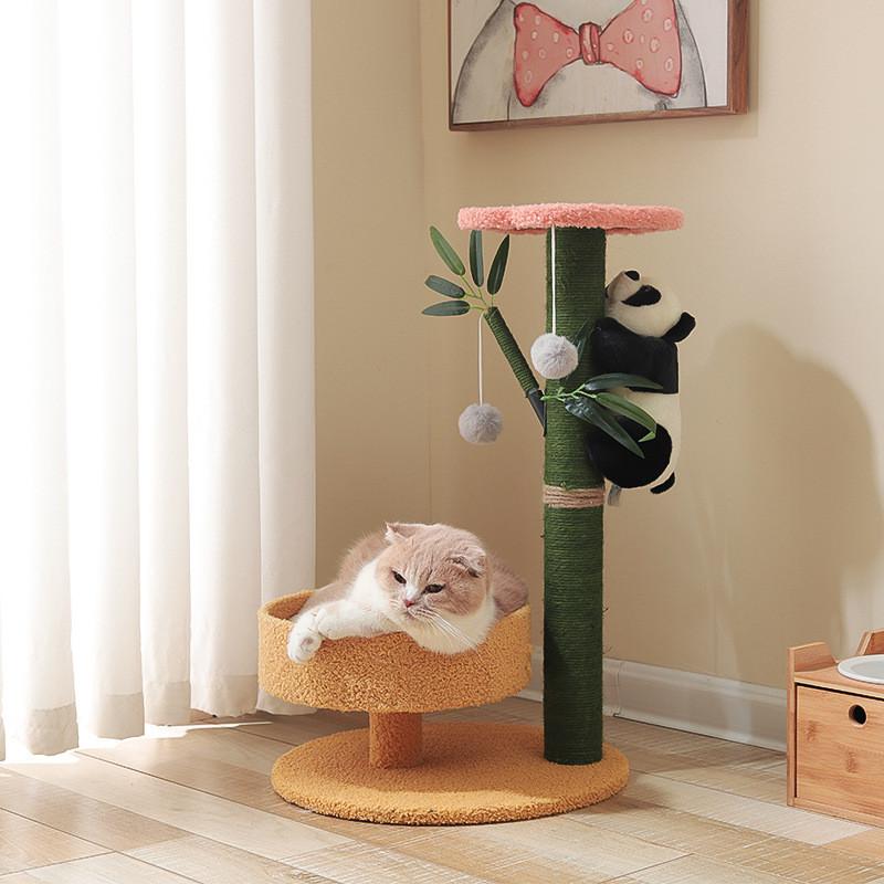 Wooden Cat Tree And Scratching Board With Bamboo Elements For Indoor Play