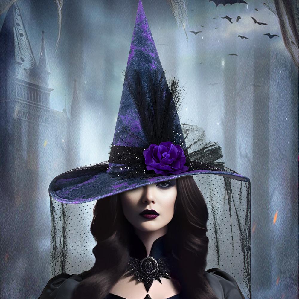 Halloween, Baroque Gothic, Mesh, Witch Hat, Simulation Flower, Queen Costume Accessories, Temperament, Holiday Witch Hat