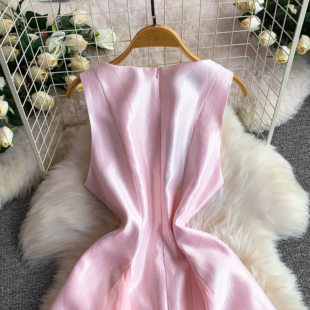 Summer New Sleeveless White Spliced Tulle Satin Maxi Dress Women‘s O Neck Slim Waist Ruched A Line Formal Wedding Evening Party Dress