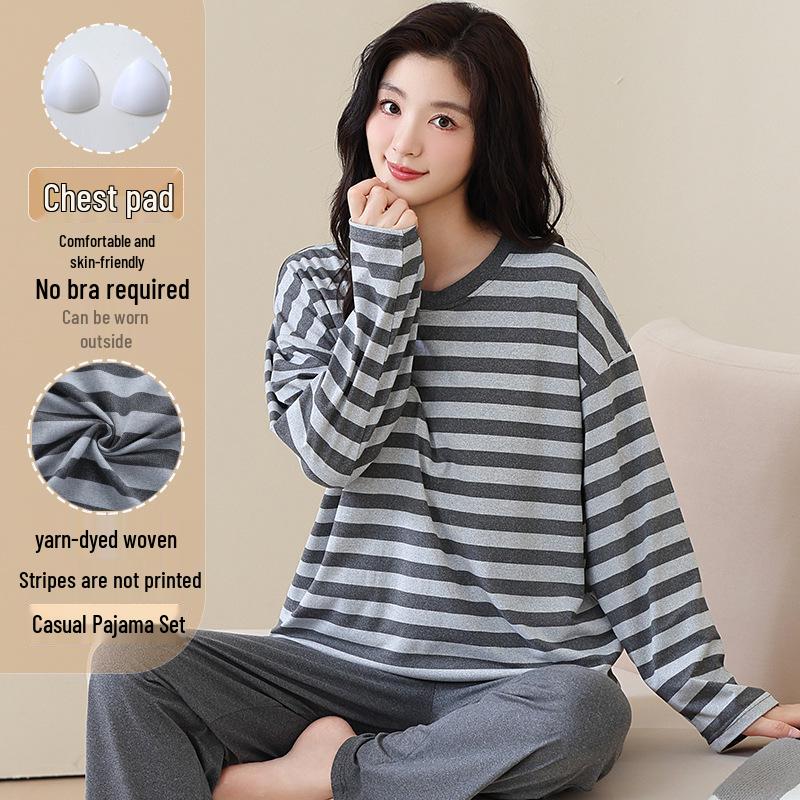 

Женская осенняя пижама с круглым вырезом, в полоску, с длинным рукавом и нагрудными вкладышами - Повседневный комплект больших размеров для дома и улицы XL (115-135 lbs)