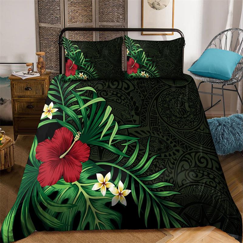 Hibiscus Floral Duvet Cover Tribal Polynesian Turtle Bedding Set Single Twin King Microfiber Plumeria Hawaiian Comforter Cover