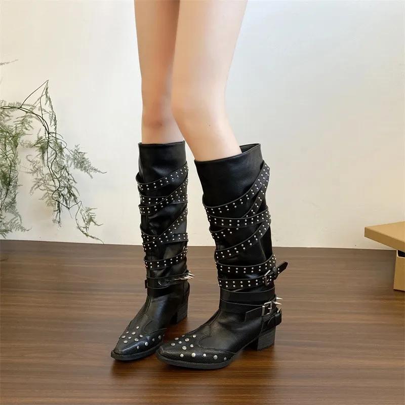 Women Punk Boots Rivet Design Chunky Motorcycle Boot Cool Nightclub Party High Heel Knee-High Buckle Decoration Casual Shoes 42