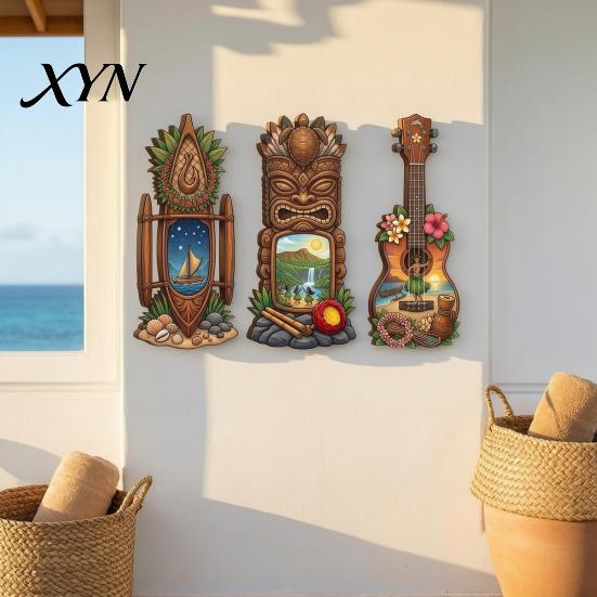 Tropical Home Decor 3Pcs Hawaiian Tiki Wooden Wall Hanging Sign, Surf Coastal Art, Surfing Themed Exquisite Plaque for Bar Patio & Holiday Gift Style