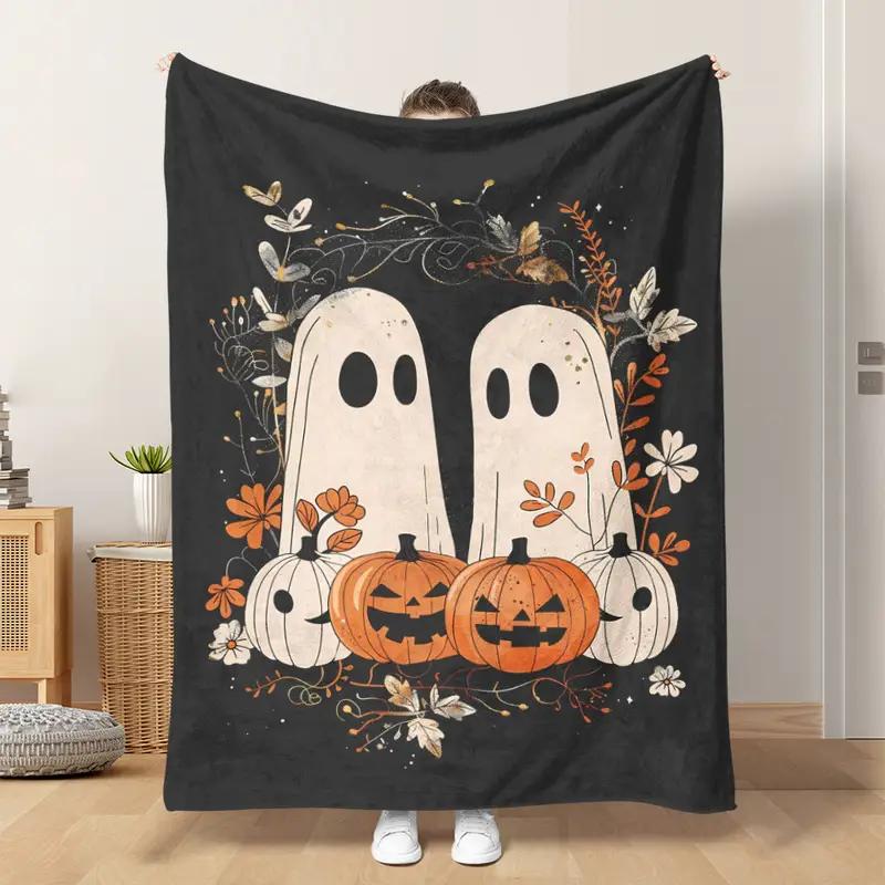 Halloween and Pumpkin Flannel Blanket - with Ghosts, Jack-O -Lanterns and Fall Leaves - Home, Travel Halloween Decorations 130x150cm