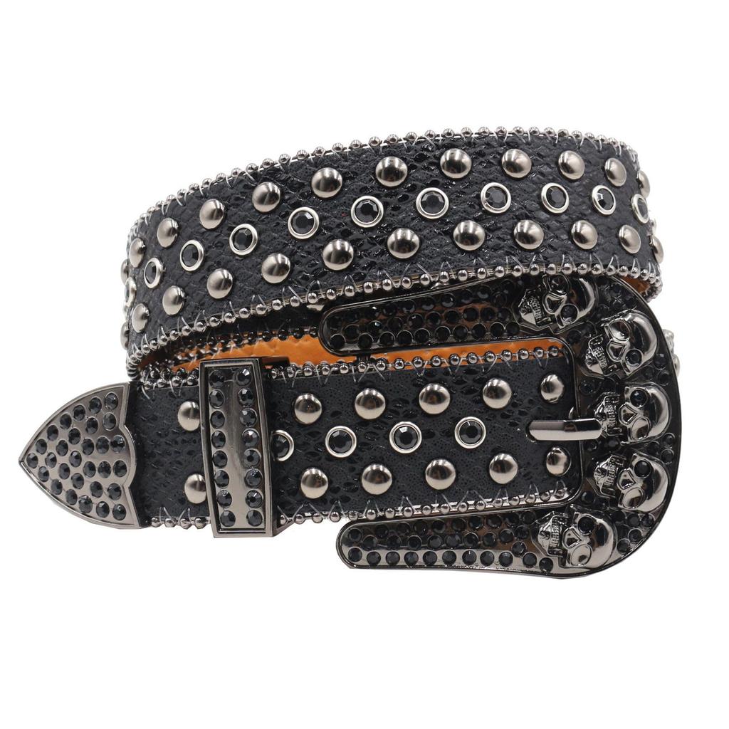 Women's European & American Rhinestone Skull Snake Skin Leather Belt - Extended Denim Style
