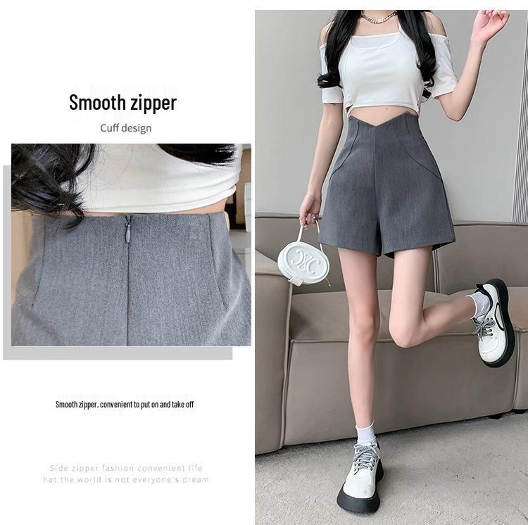 Women's Gray High-Waisted A-line Wide-Leg Suit Shorts - Slimming & Versatile for Summer 2024