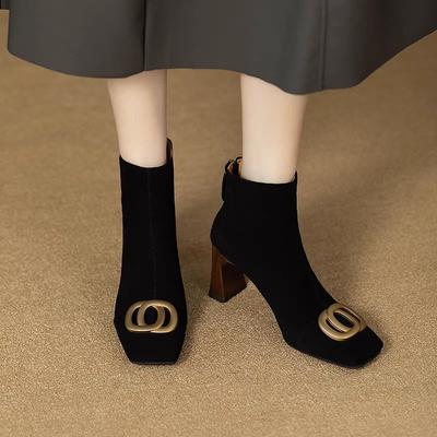 New Women's Ankle Boots Faux Dress Shoes Square Black Boots Mid-heel Zipper Elegant Winter Fashion Boots