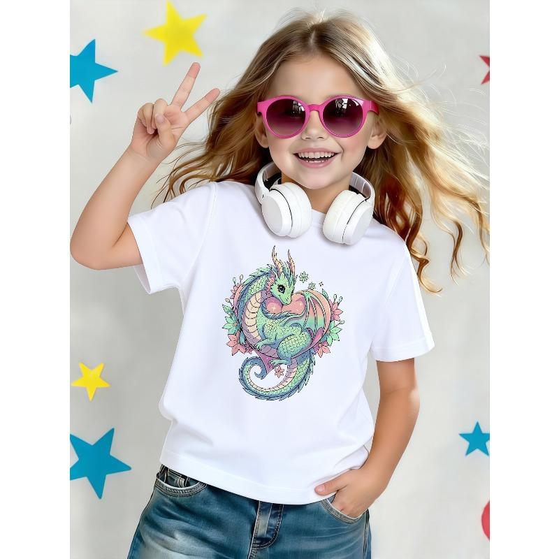 Girls Dreamy Gradient Rainbow Dragon Print Crewneck Short Sleeve Tee 110