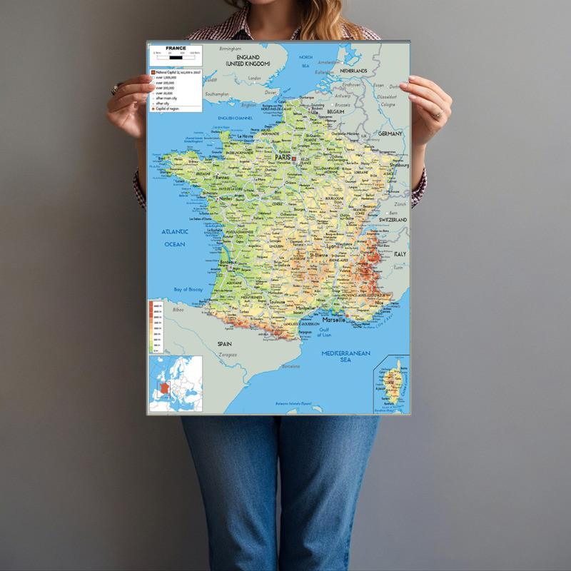 English-France Map-Geographic Map,Art Poster for Home,Classroom,Indoor/Outdoor,Educational Poster,Travel Tool,Unframed