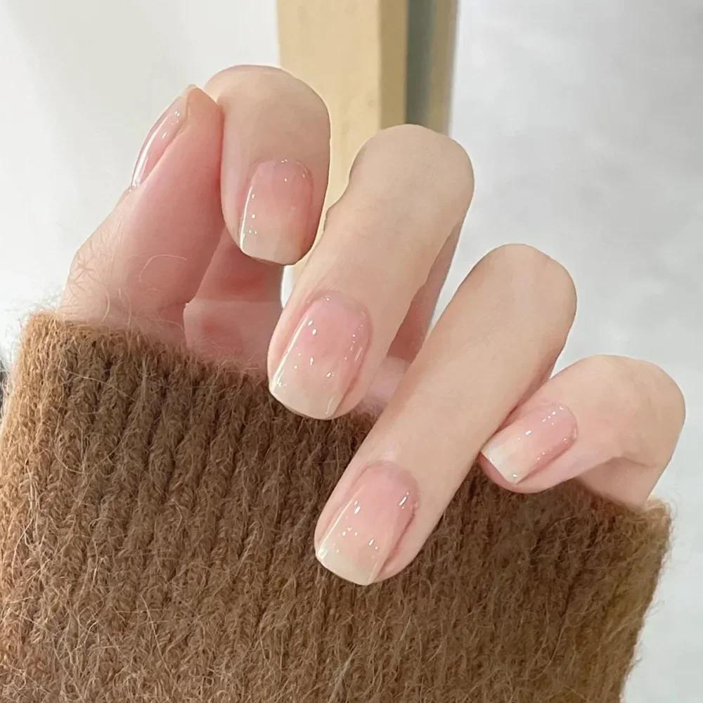 24Pcs Gradient White Short Square Ballet Fake Nails Simple Nude Full Cover Press On Manicure Tips