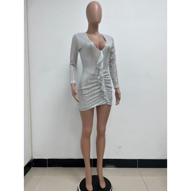 Sommer Damenkleid Französischer V-Ausschnitt Langärmeliges Kleid Rüschen Hüfte Paillettenkleid