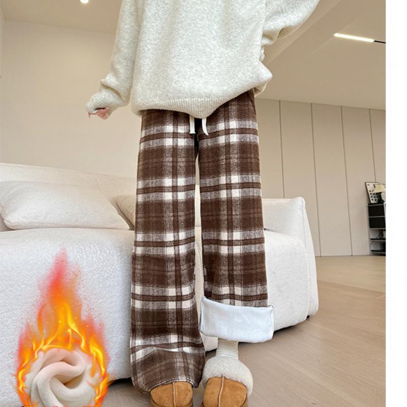 Tweed Plus Velvet Plaid Pants for Women In Autumn and Winter New Loose Retro Casual Pants Straight and Floor Lazy Wide-leg Pants