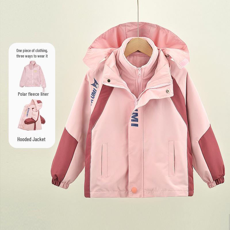 

Girls Three-in-One Cartoon Color-Blocked Fleece-Lined Outerwear for Spring, Autumn, Winter 140 рожевий