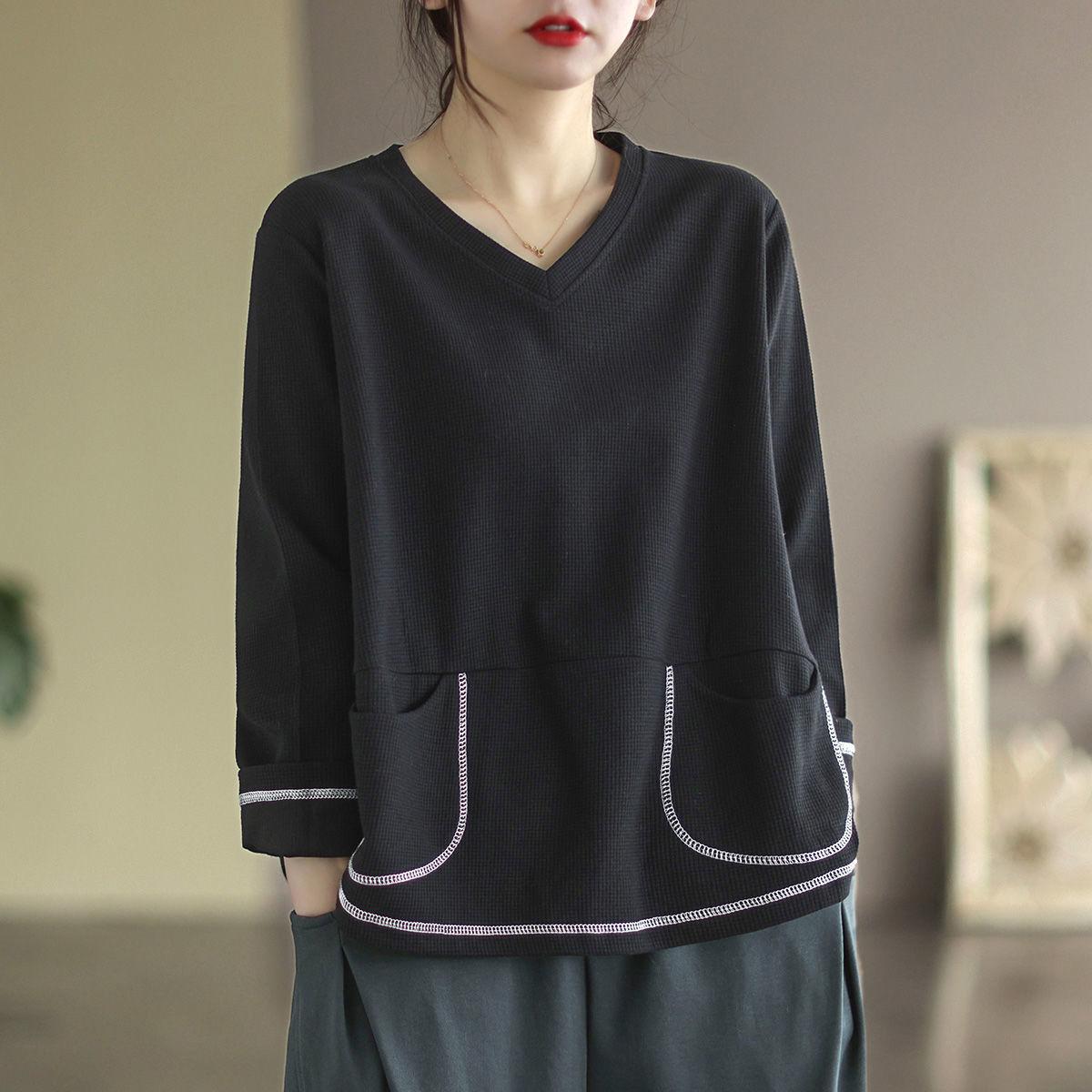 

Женская мода вафельный дизайн длинный рукав футболка повседневные свободные пуловеры весна лето тренд тонкая свободная футболка с V-образным вырезом XXXL