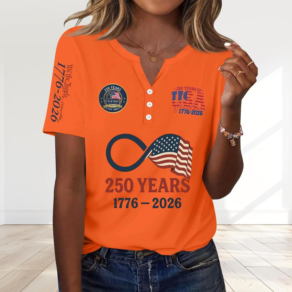 Women's Fashion Casual 250th Anniversary Independence Day Print V-Neck Short Sleeve Decorated Button-Up T-Shirt