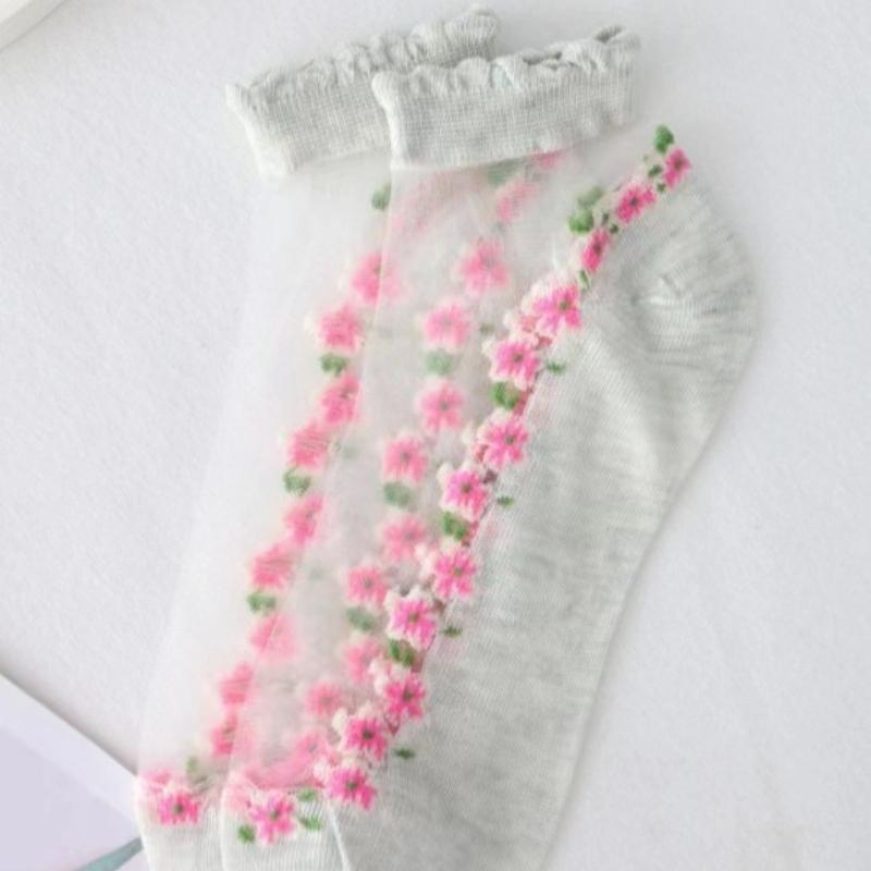 Summer Short Socks Made of Floral Glass Fiber for Women, Cute Ins Short Socks with Cotton Soles, Sweat-absorbing and Breathable Socks