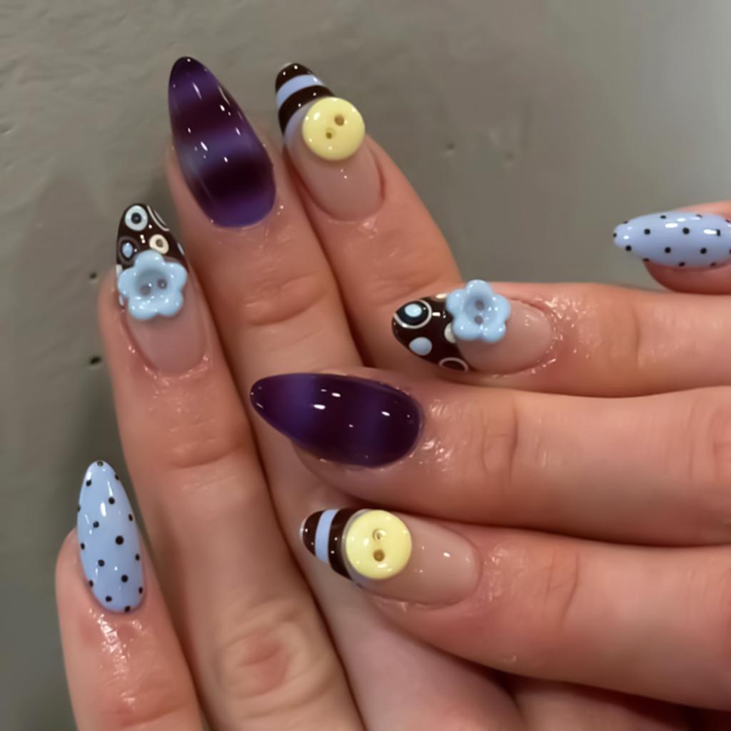 24Pcs Almond Shape False Nails Brown Stripes Pink Flowers Fake Nails Wearable Full Cover Nails Tips Acrylic Nail Tips False Nail