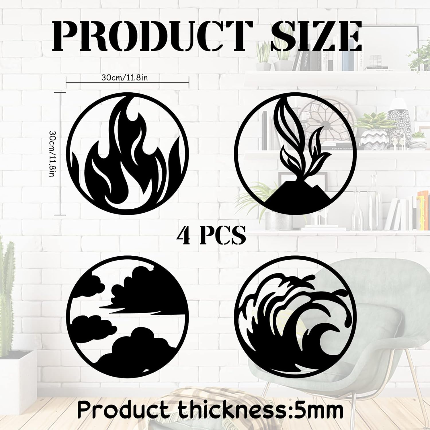 ORIGACH 4 Pieces Large Four Elements Minimalist Wood Wall Art, Wind, Water, Earth, Fire Vector Sign 4 Elements Symbols Wall Decor Black Wood Wall