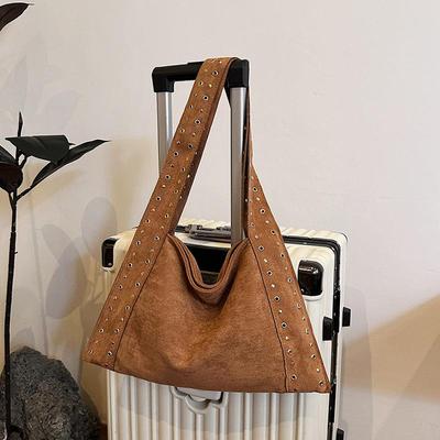 Retro Suede Rivet Shoulder Bags PU Leather Work Purses Large Tote Handbag Slouchy Locomotive for Women Travel Winter Fall