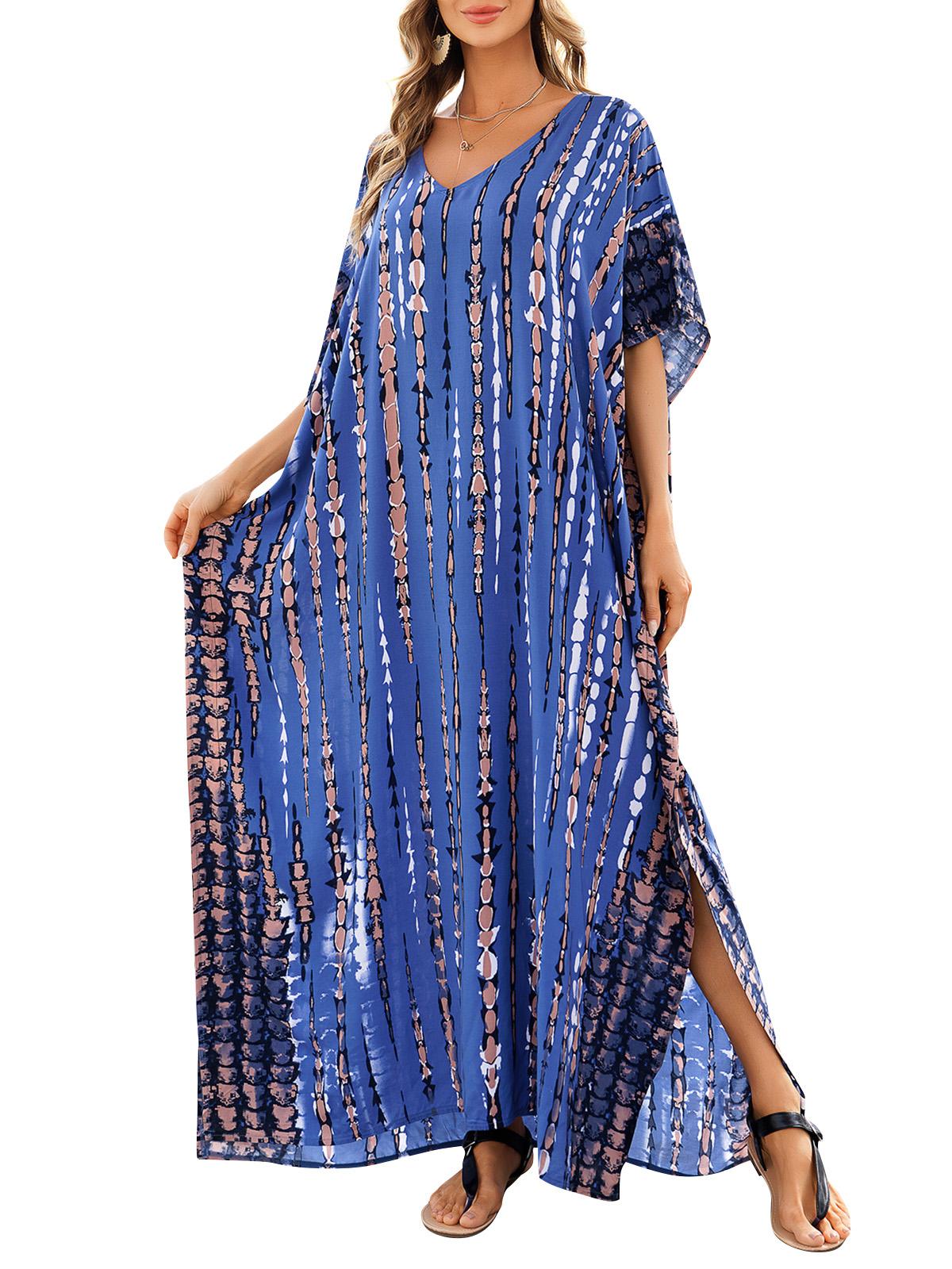 

Женское платье макси большого размера с завязками и принтом с V-образным вырезом, пляжный халат, накидка One Size королевский синий