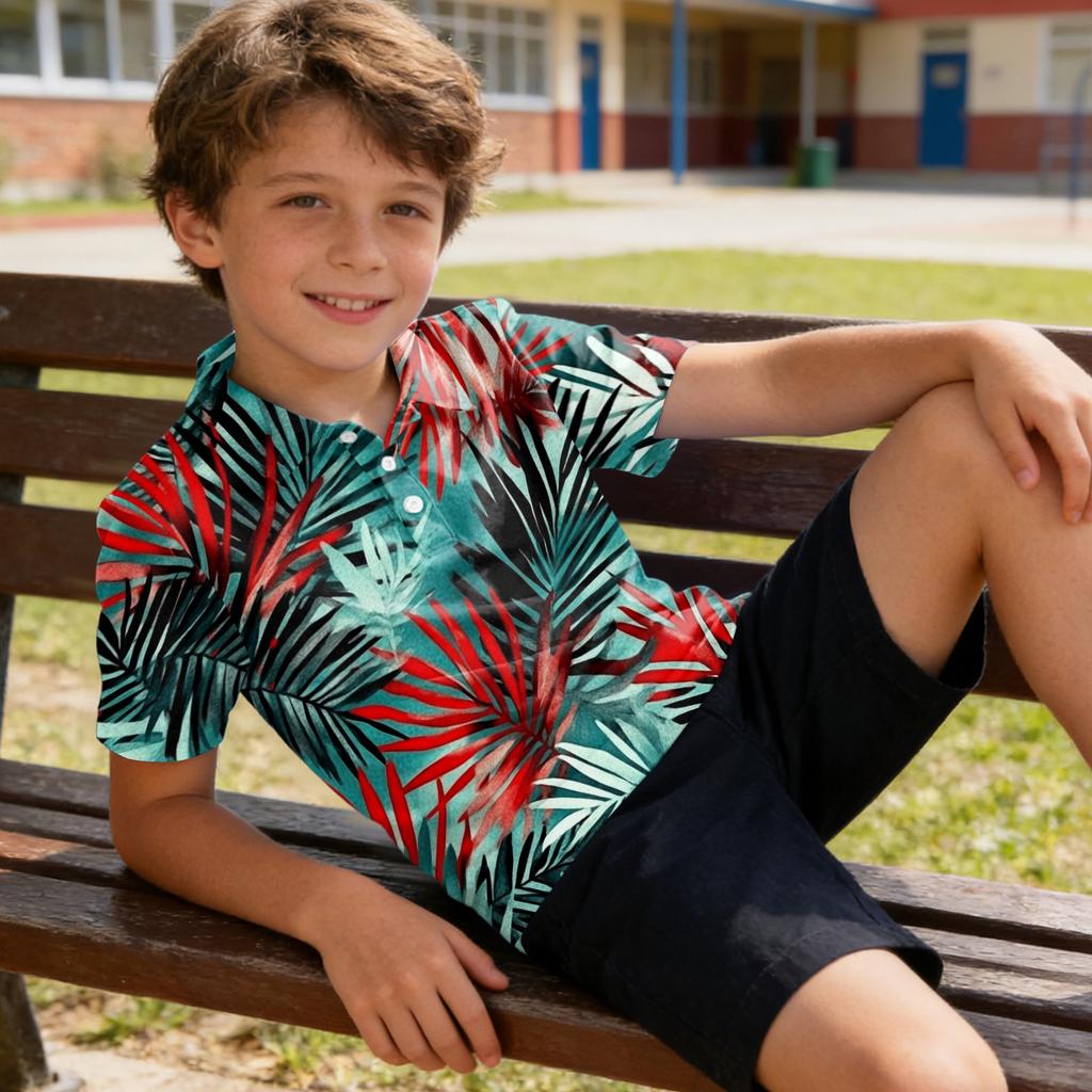 Kids Polo Shirt Quick Dry Short Sleeve Tropical Leaf Print Button Down Collar Lightweight Breathable Summer Tee for Boys Girls