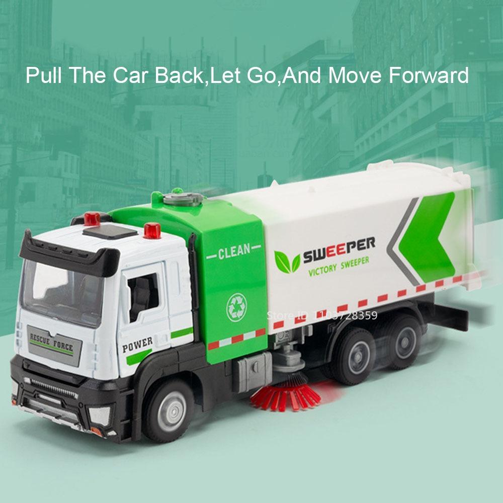 1/32 City Sweeper Model Toy Car Metal Diecast Sanitation Garbage Trucks Sound Light Pull Back Engineering for Kids Edutainment