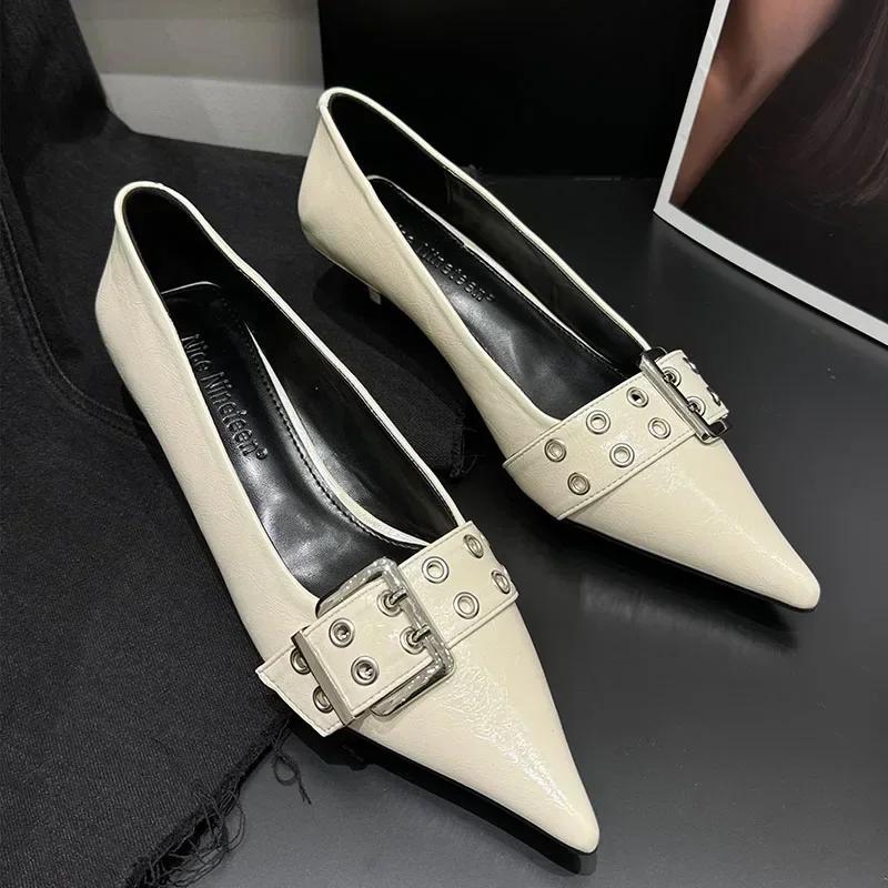 Fashion Metal Buckle Strap Design Women Pumps Sexy Pointed Toe Low Heel Muels Shoes High Quality Leather Heels Zapatos De Mujer