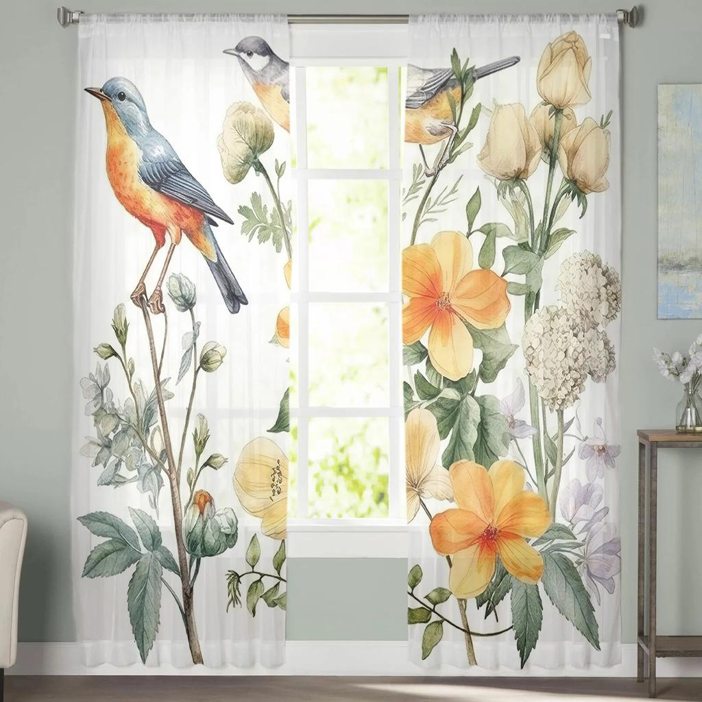 Bird Flowers Leaves Branches Nostalgic Bedroom Transparent Sheer Curtains Holiday Decoration Window Voile Tulle Curtain