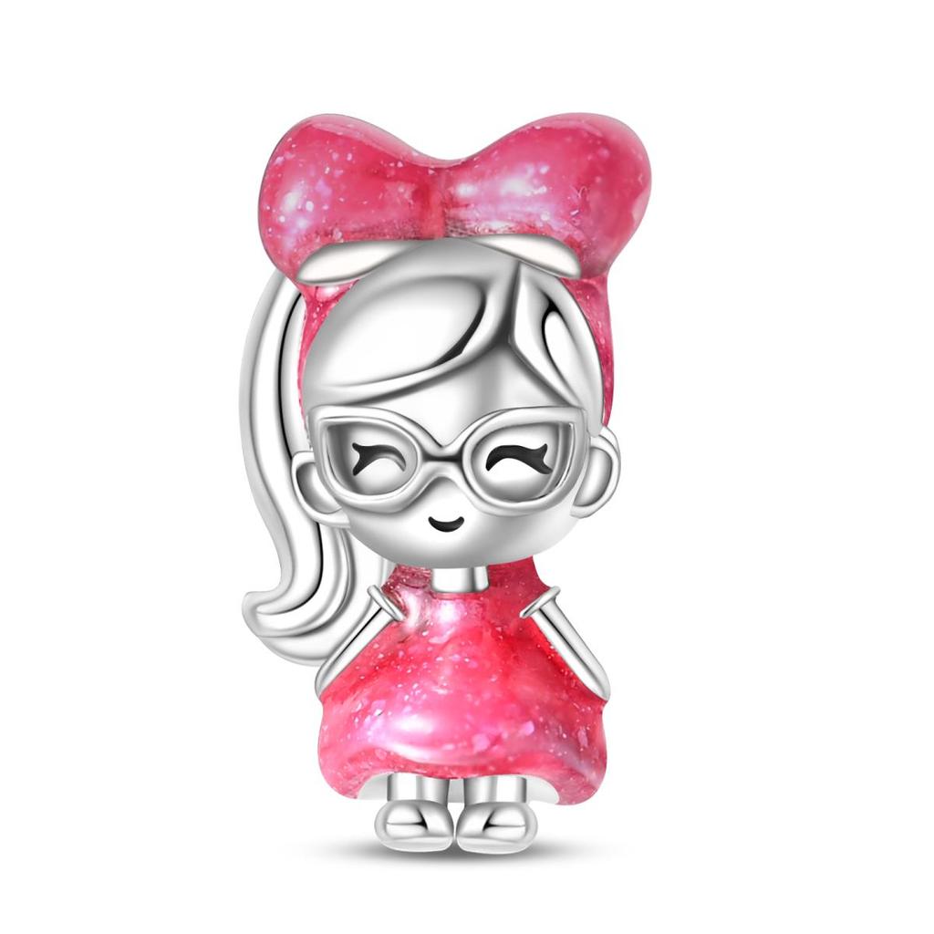 New Product Copper Color Pink Princess-Ponytail Girl Pendant Fit Pan Bracelet Diy Charm For Women Jewelry Fashion Gift