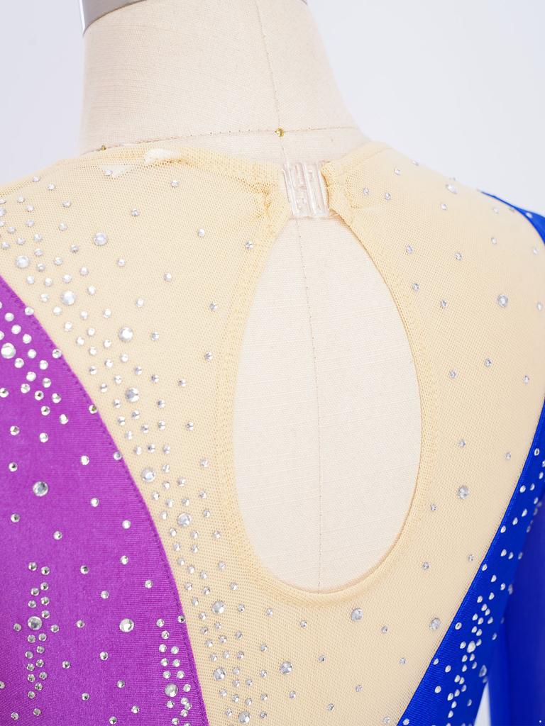 Girls Long Sleeve Finger Holes Keyhole Back Shiny Rhinestones Stirrup Bodysuit Gymnastics Dance Jumpsuit